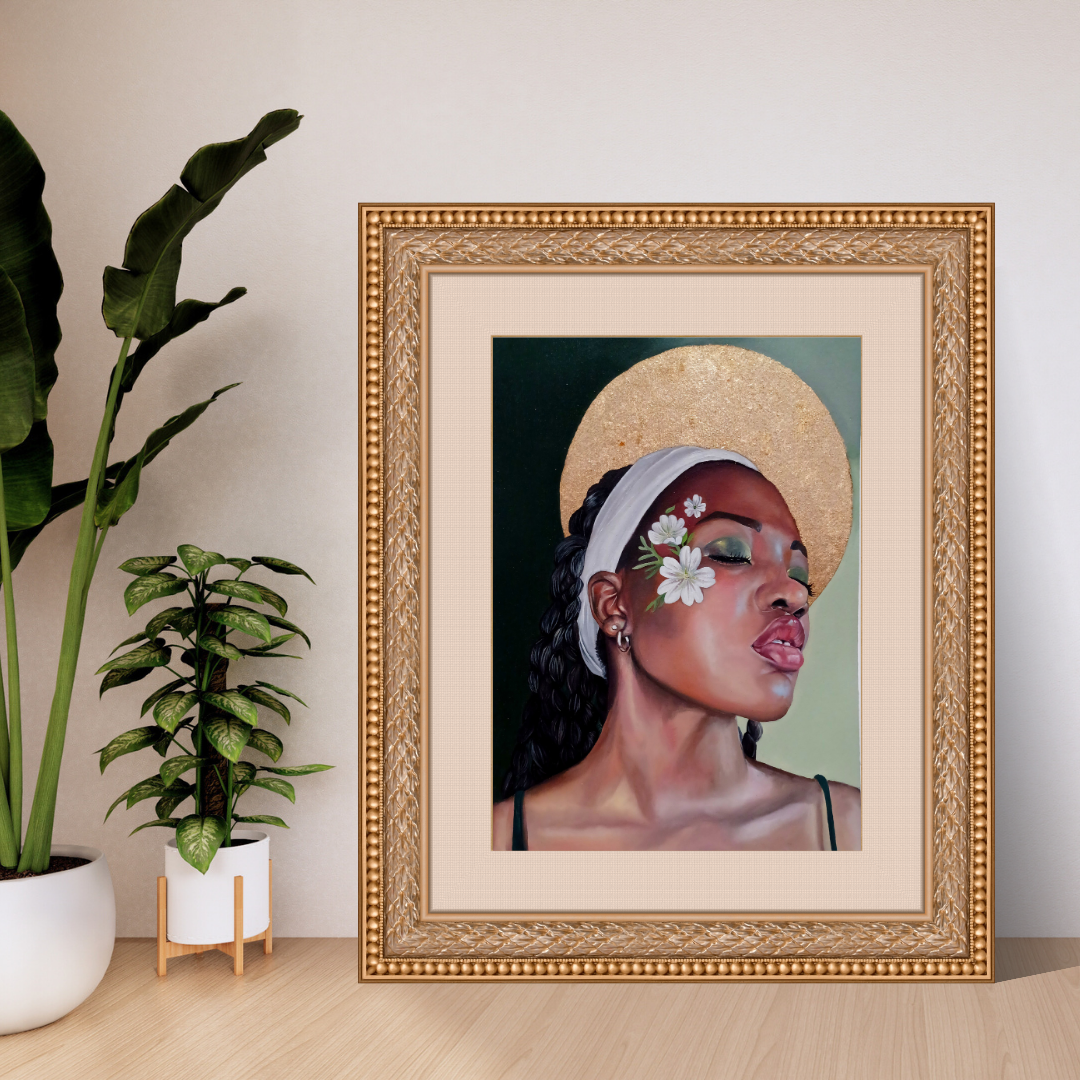 Black woman daisy gold leaf realistic oil painting