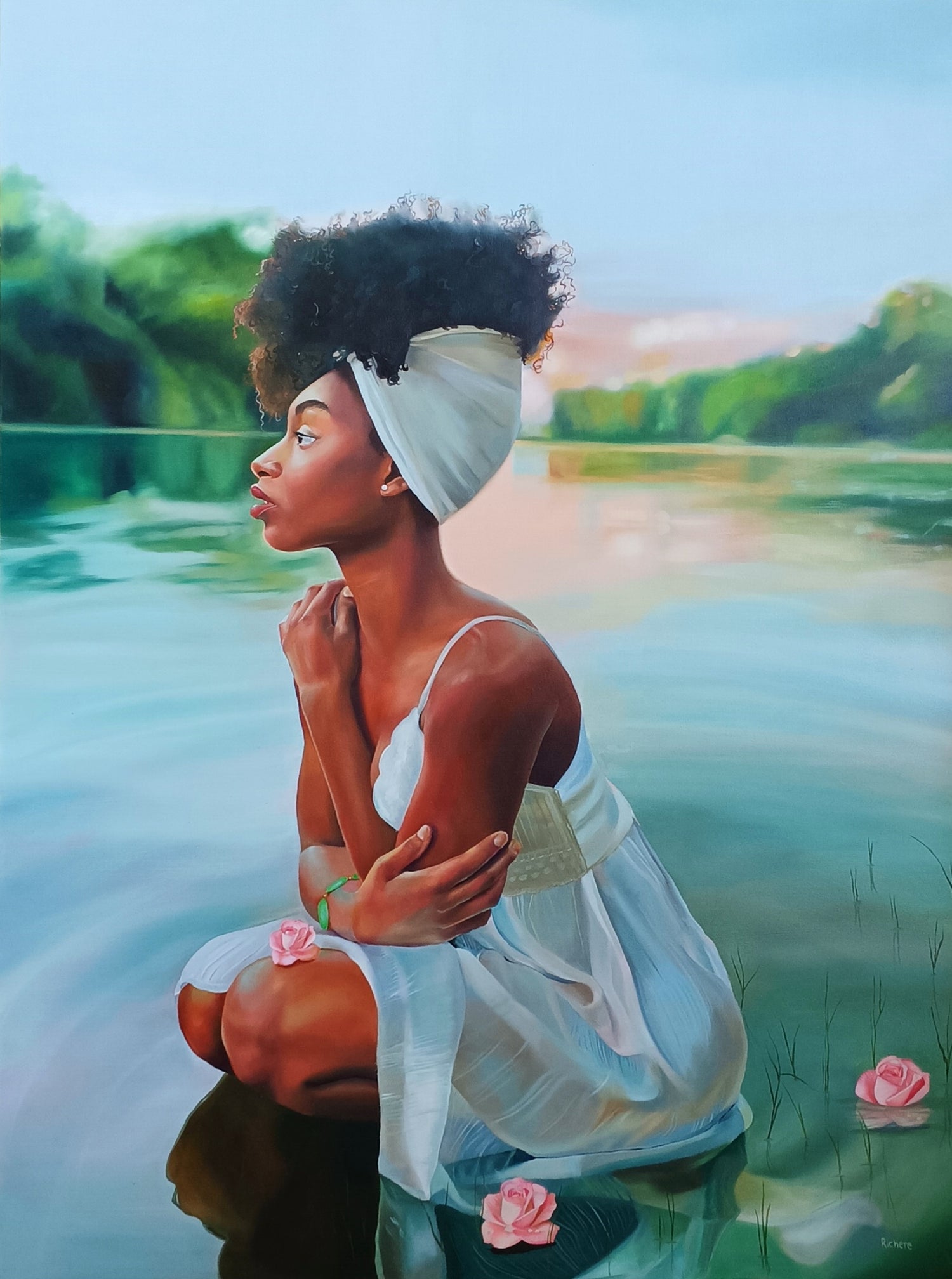 Black woman peaceful scenery in water oil painting on canvas